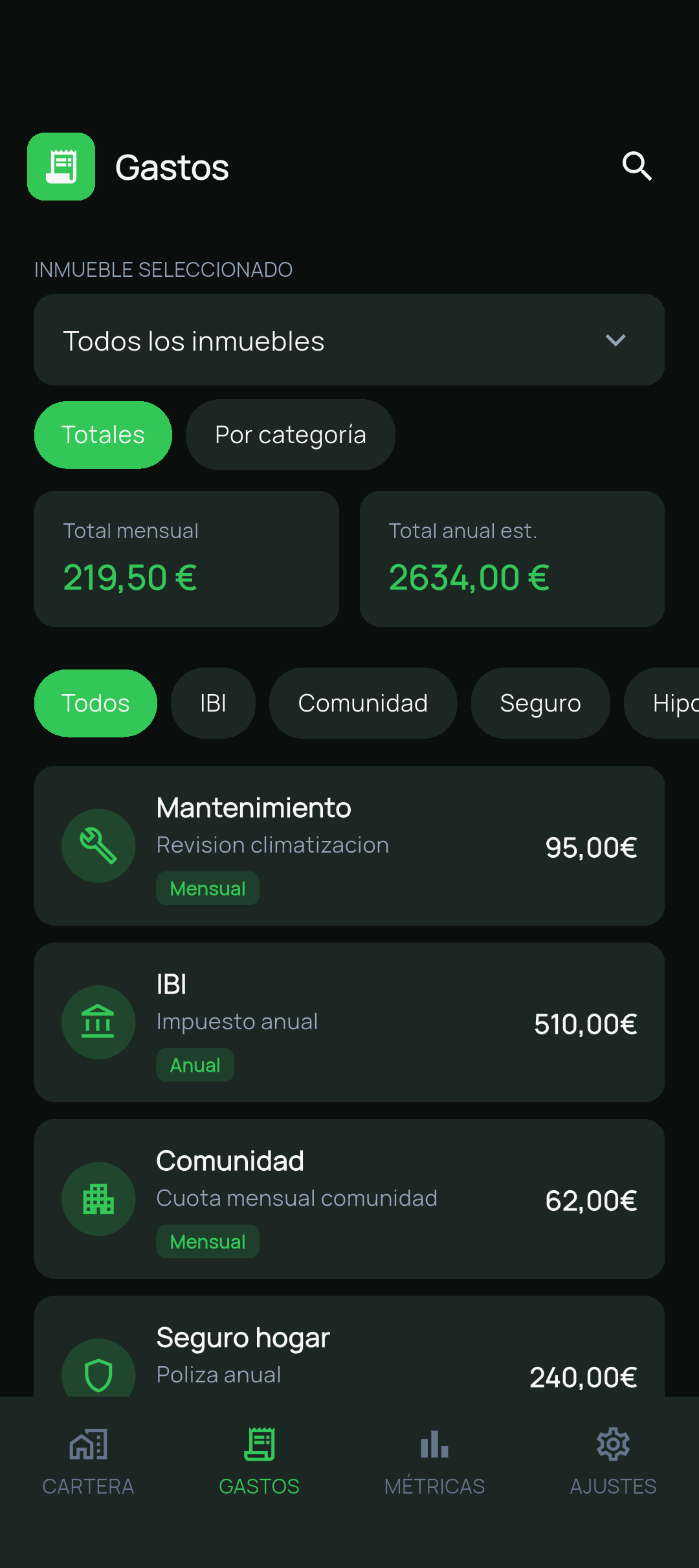 Pantalla de IGI: gastos